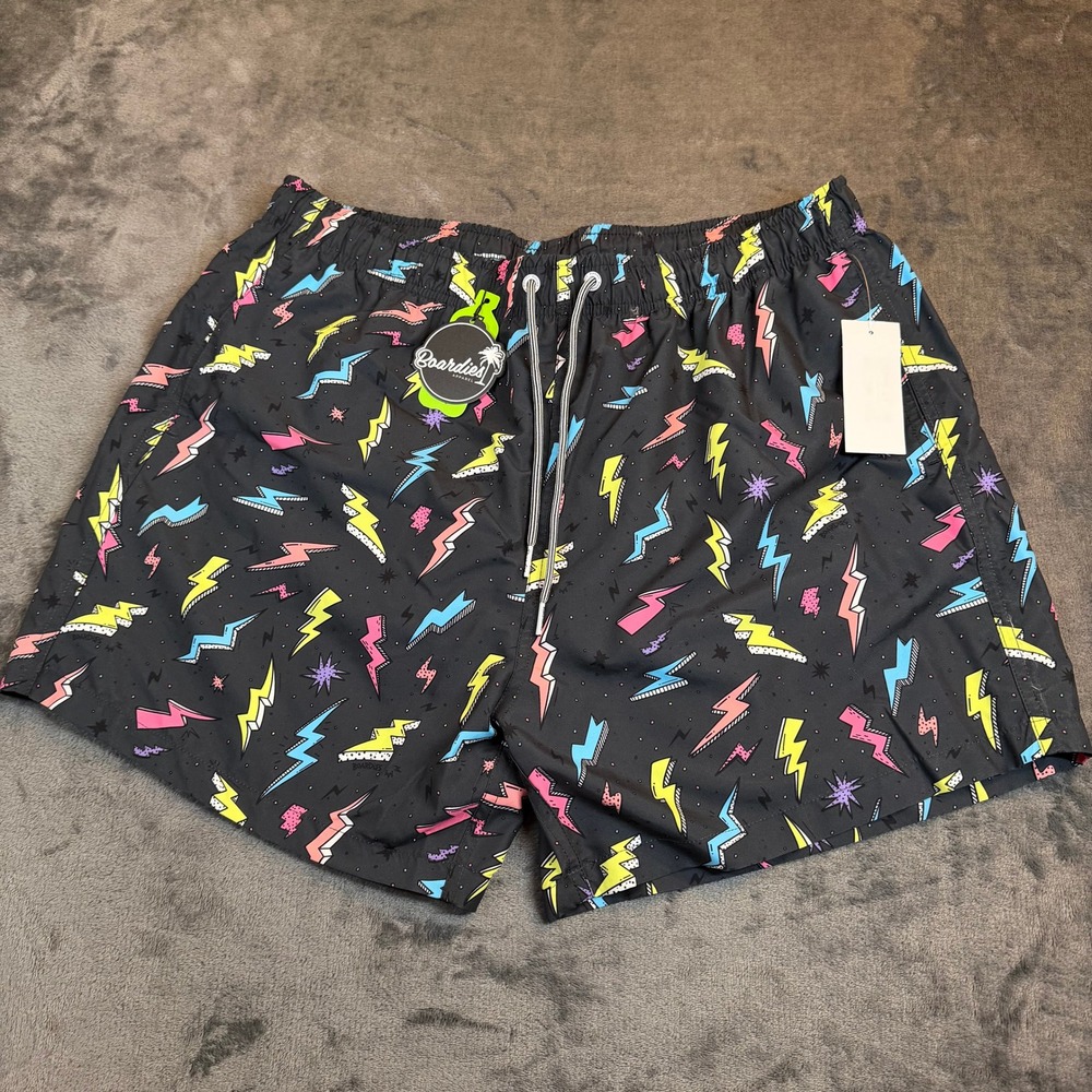Boardies Lightning Bolt Swim Shorts Mens Extra Large Black Neon Retro Pockets